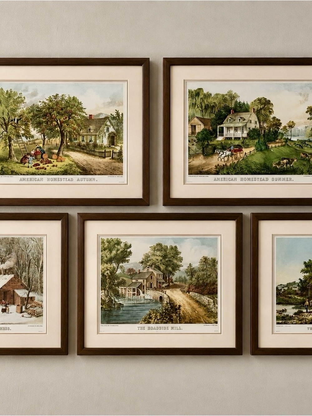 Framed Vintage Homestead Art Print - Brown Frame, Green & Cream Tones